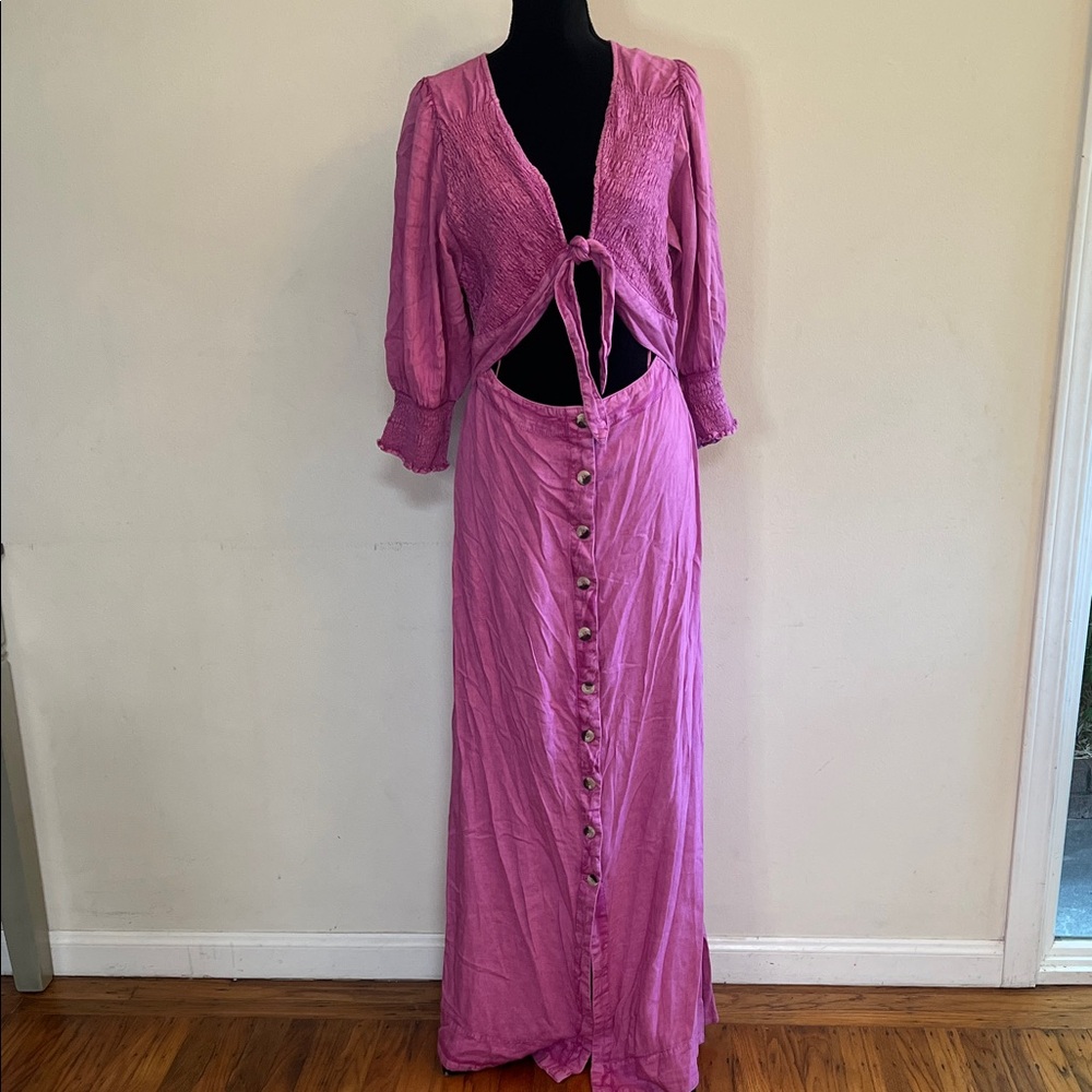 Free People Fuchsia Long Sleeve Button-Down Dress
